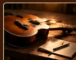 Guitar and notebook in warm light